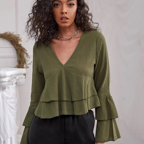 Chic Nation Tops - - Tiered olive green bell sleeve top